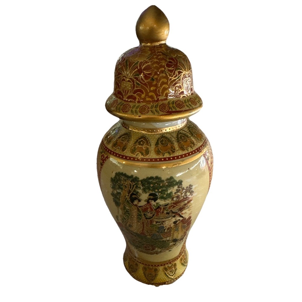8" Satsuma Ginger Moriage Temple Jar With Lid Vtg JAPAN Gold Gilt Red Geisha